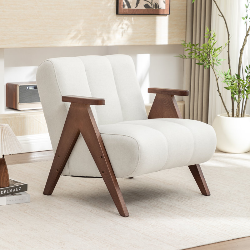 Fauteuil rembourré avec pieds en bois massif Jolanta, Beige