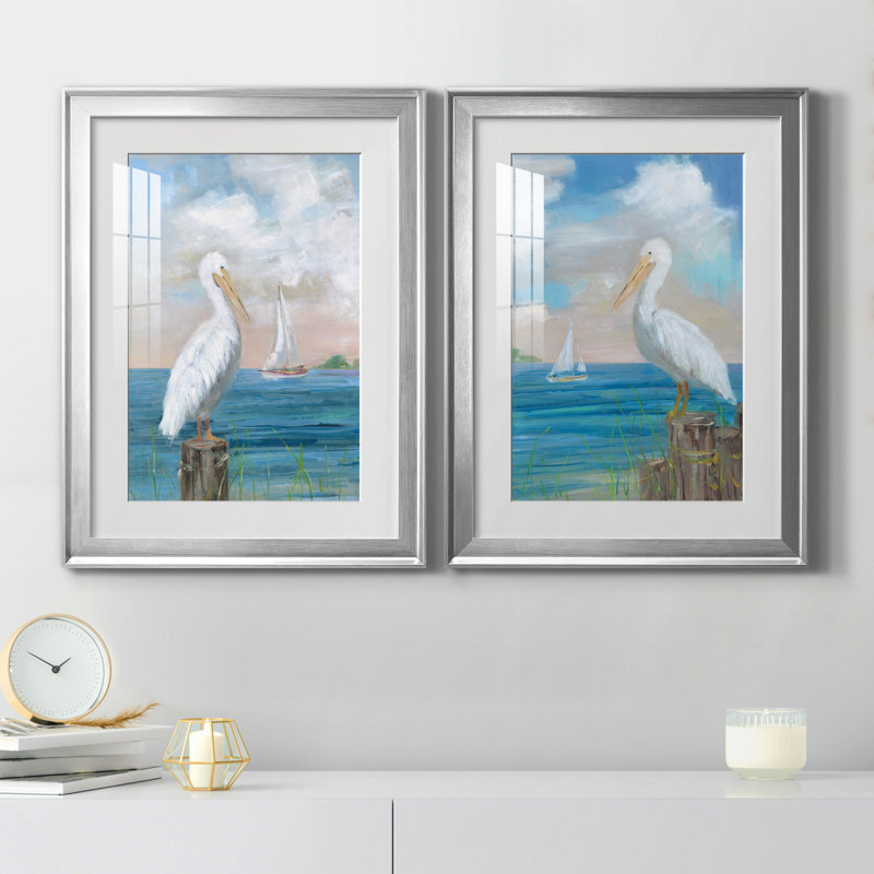 «Pelican View I», ensemble de 2 reproductions d'art, H 22,5 po x l 61 po x P 1,5 po, Papier avec cadre argenté, Blanc