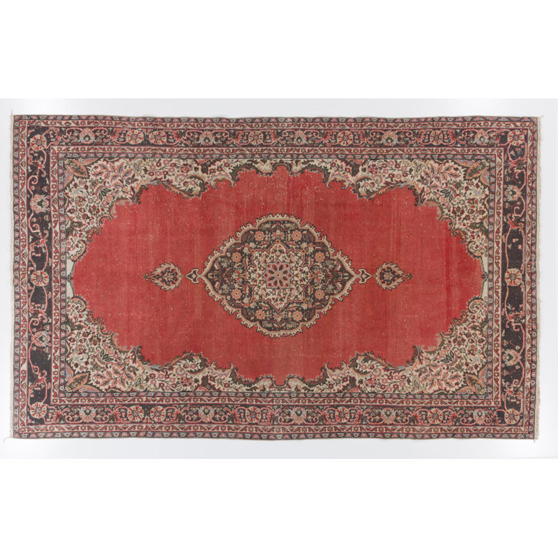 Tapis rouge turc rétro fait à la main avec motif médaillon