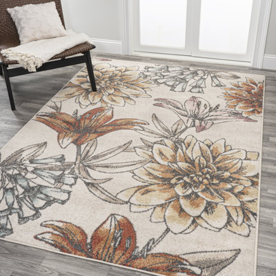 Jasire Modern Botanical Flower Orange/Blue/Cream Rug