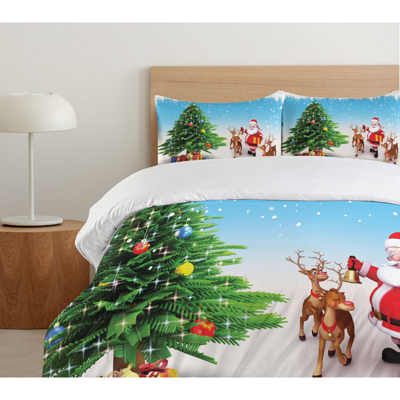 Festive Christmas Santa and Reindeer Queen Duvet Cover Set
