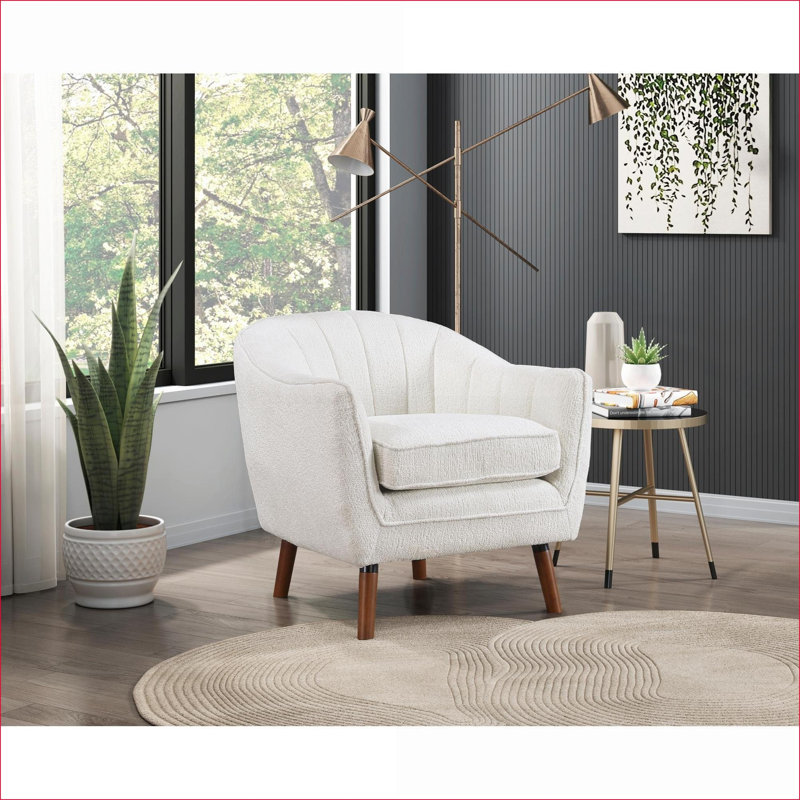 Chaise d'appoint Mid-Century moderne en chenille blanche, tissu d'ameublement en chenille et dossier brun avec pieds en bois massif