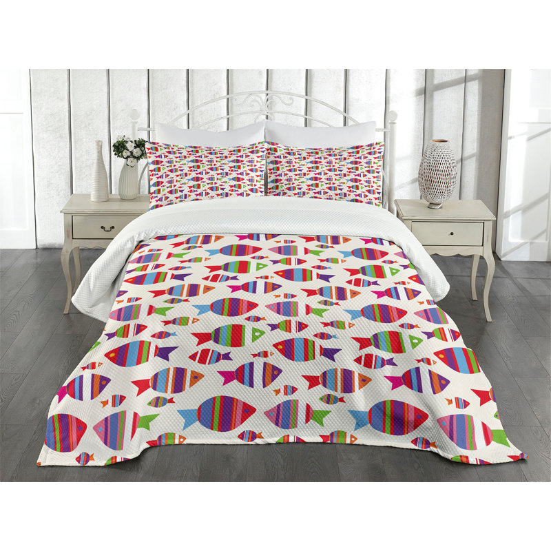 Ambesonne Fish Bedspread Set  Vibrant Striped Fishes  Multicolor, King Coverlet / Bedspread + 2 Standard Shams