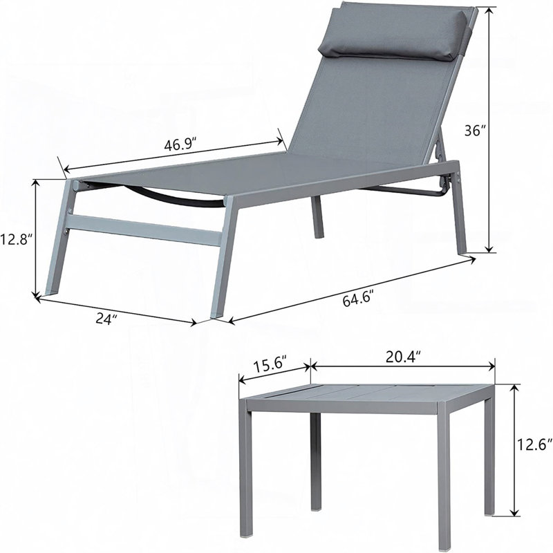Chaise longue d'extérieur en métal avec table Olida (3 pièces), gris, Gris