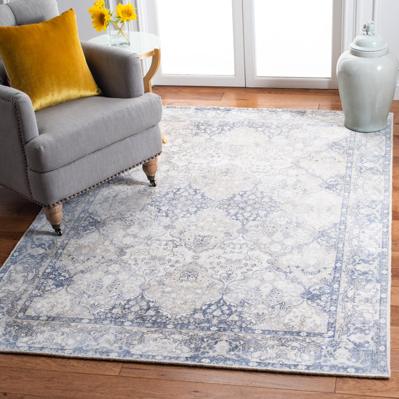 Restoration Vintage Hand Loomed Wool/Viscose Oriental Rug in Blue/Ivory, Rectangle 9' x 12'