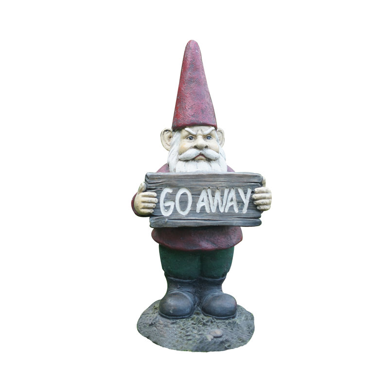 Red and Green Polyresin Gnome Garden Statue with Go Away Sign