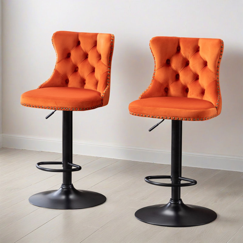 Tabourets de bar pivotants en velours à hauteur de comptoir avec dossier pour pub et îlot de cuisine (ensemble de 2), Orange
