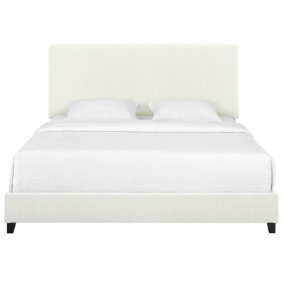 Modern King Bed Frame With Upholstered Headboard In White Boucle Contemporary Platform - Elegant