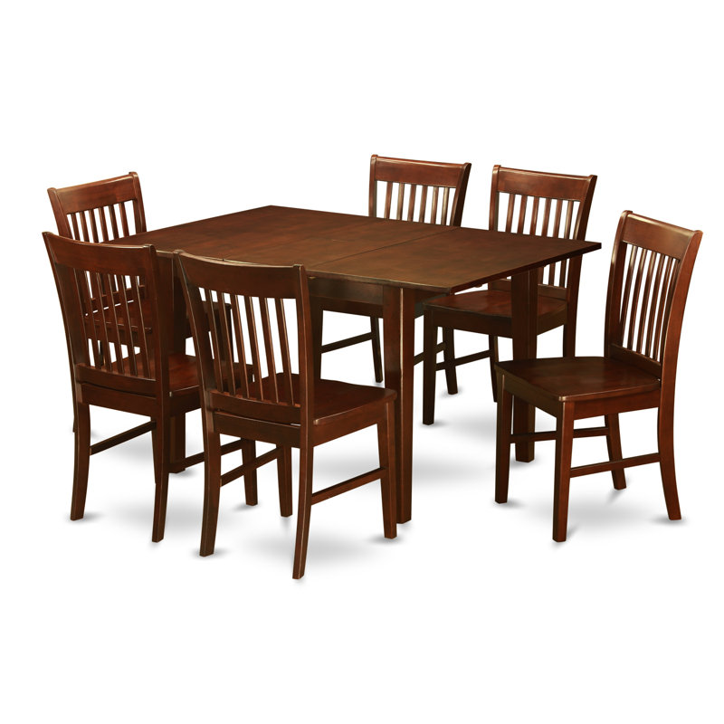Ensemble de table de salle à manger 7 pièces composé d'une table de salle à manger rectangulaire avec rallonge papillon et 6 chaises en bois, acajou
