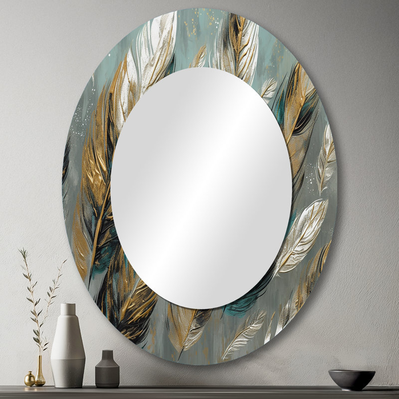 Gold Feather Extravaganza I - Large Oval Wall Mirror On Metal, 43" x 33"