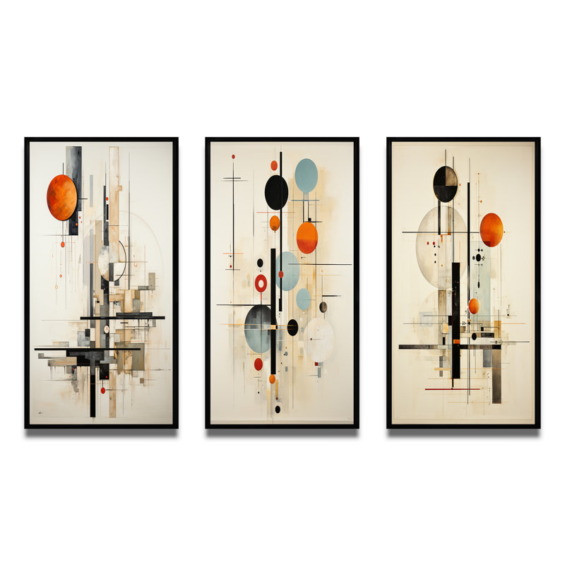 " Beige Suprematism Harmonic Equilibrium " 3 - Pieces, Black Framed, 20" H x 36" W