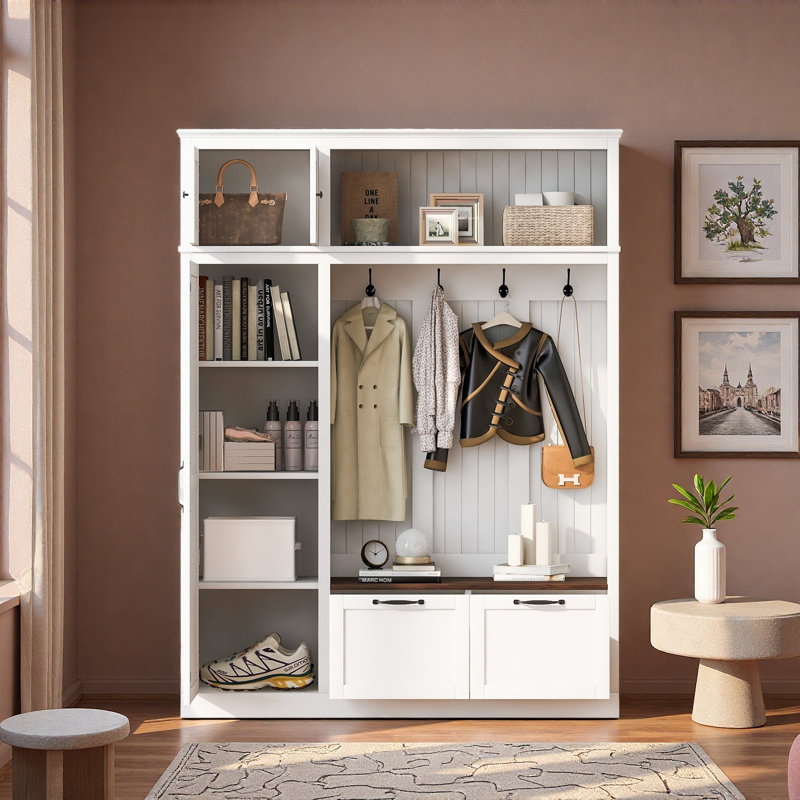 3-In-1 Hall Tree With Top Storage Cabinet, Open Storage, 3 Adjustable Side Shelves, 4 Heavy-Duty Hooks, 2 Spacious Drawers And Seat Bench