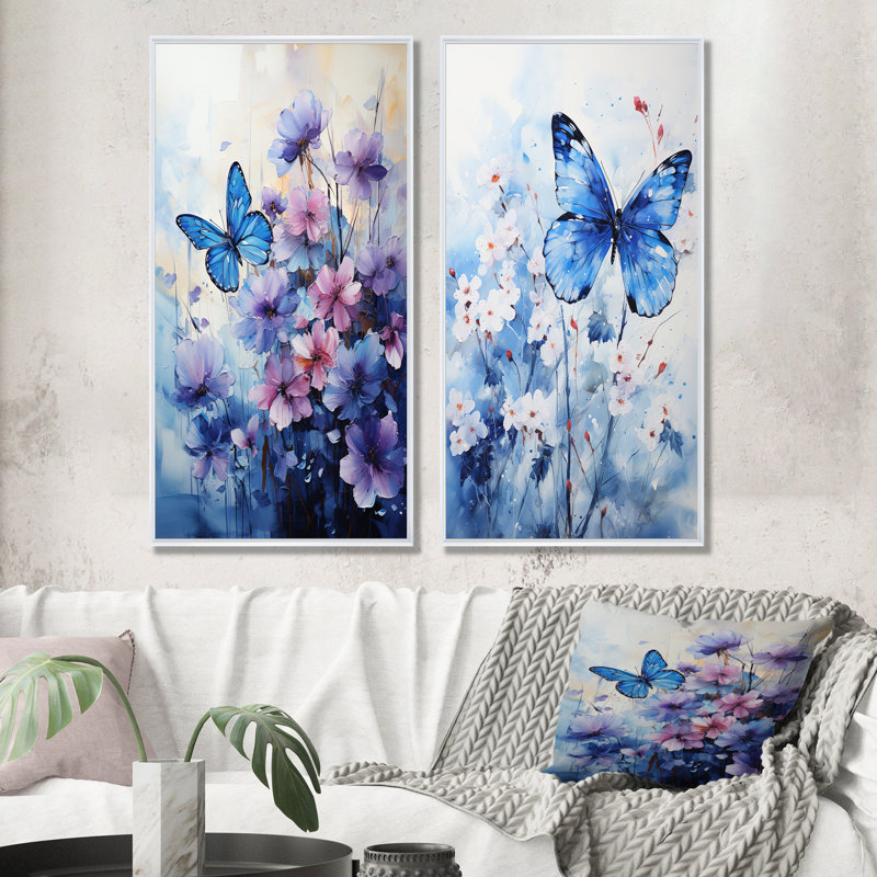 «Sapphire Blue Hues» capture le vol délicat - ensemble d'art mural sur toile papillon, Cadre flottant blanc