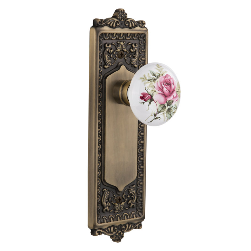 Plaque Egg & Dart avec bouton de porte en porcelaine blanche, Laiton antique