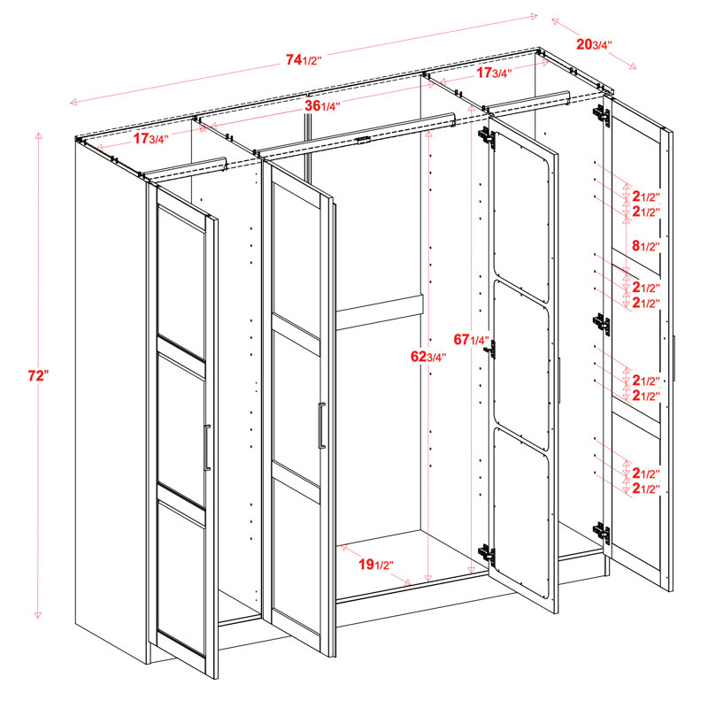 Armoire-penderie 100% bois massif 4 portes Cosmo avec tablettes réglables, charnières à fermeture en douceur et tringles