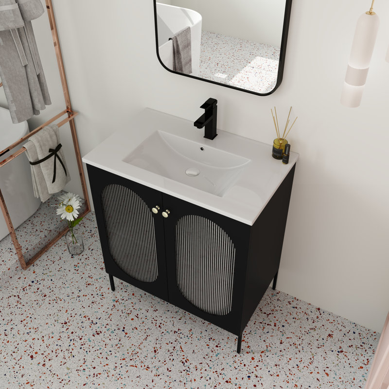 Meuble-lavabo autoportant simple 30 po avec lavabo en céramique Kainani, meuble-lavabo sur pied avec 2 portes et 1 tablette réglable