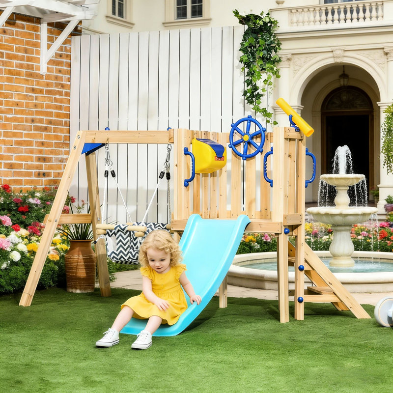 Jeu d'extérieur - Balançoire en bois, glissade et fort, pour 18, 48 mois, cour arrière, conception compacte