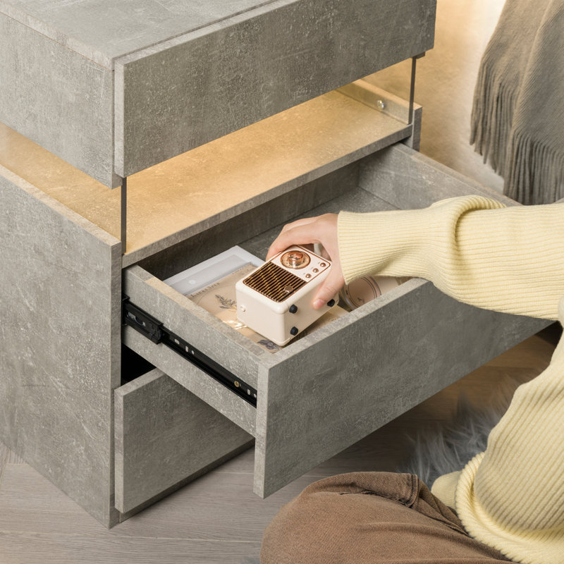 Modern LED Nightstand With 3 Drawers - Bedside Table With Soft Glow Lighting, Gray
