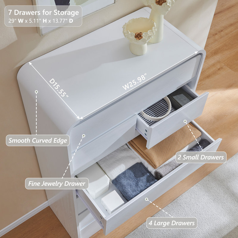 Commode 7 tiroirs Maud, Blanc, L 31,5 po x L 15,55 po x H 55,5 po