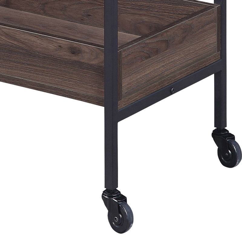 Chariot de service en noyer et noir, 2 tablettes, porte-gobelet, surface, chariot de service mobile en bois et métal, noir, tablettes