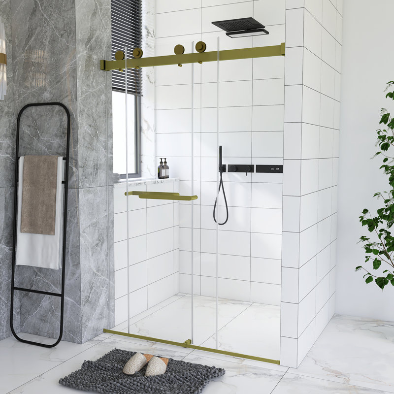 Frameless Double Sliding Shower Door 44-48 "W X 74" H, 5/16 "(8Mm) Tempered Glass, Explosion Proof Film, Stainless Steel Handle, Square Tube Track, Brushed Gold