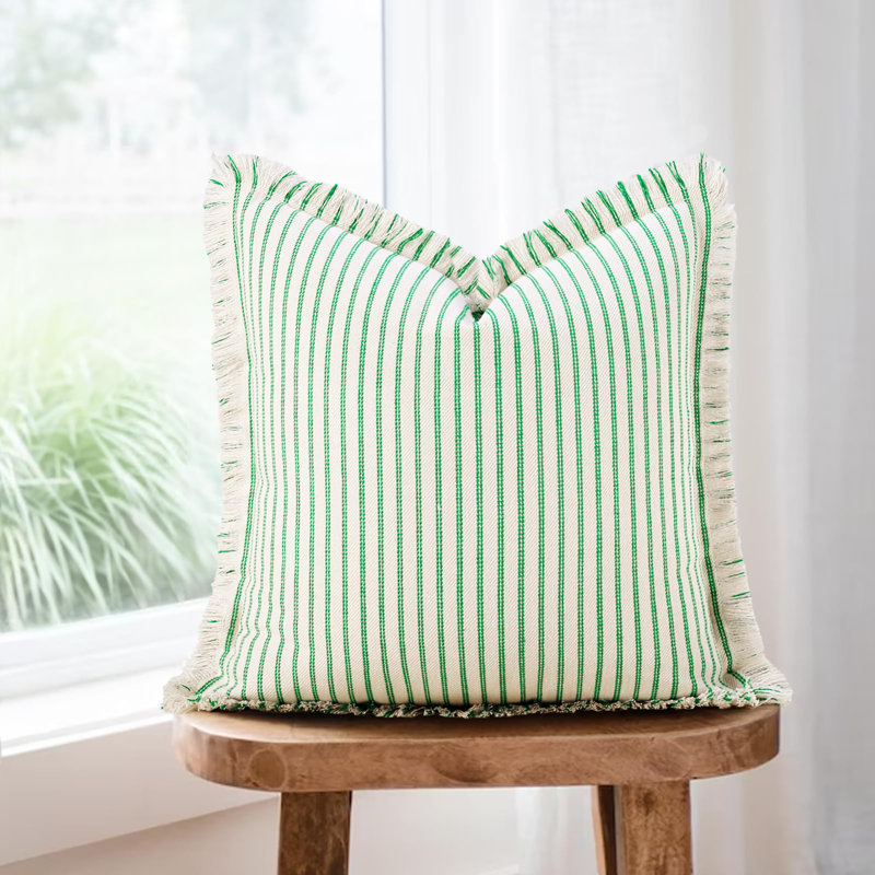 Ensemble de 2 housses de coussin décoratif à rayures avec franges, Vert