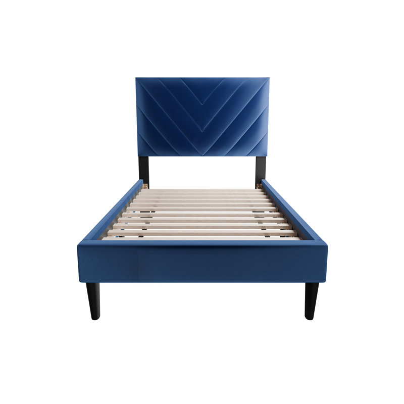 Navy Blue Twin Velvet Bed With 12 Base - Adjustable For Customized Sleep In Support Headboard Optimal Rest