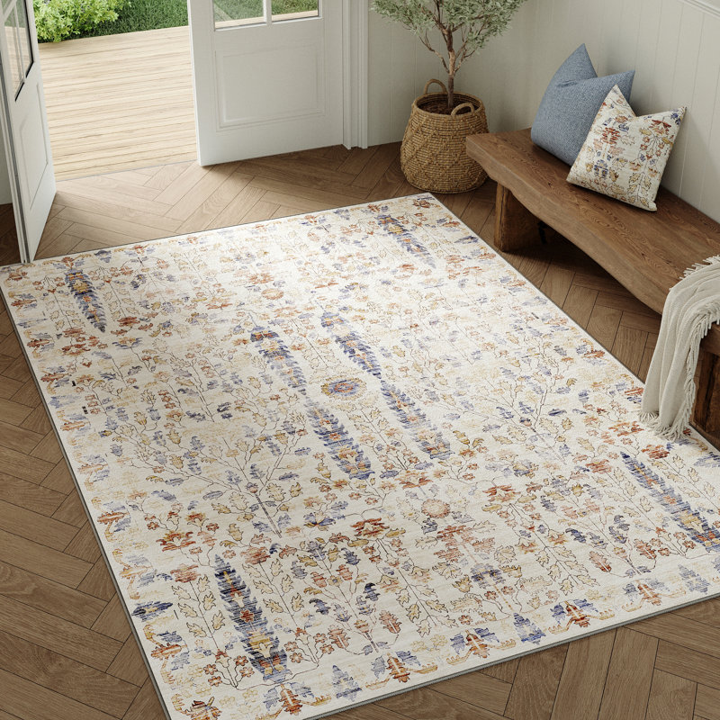 Tapis de style cerise lavable à la machine pour le salon avec envers antidérapant, Rectangle 5 pi x 7 pi