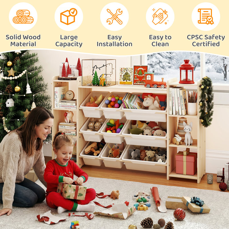  Organisateur de rangement de jouets pour enfants avec bibliothèque, 6 tablettes, 9 bacs à jouets, 6 crochets, bois et blanc