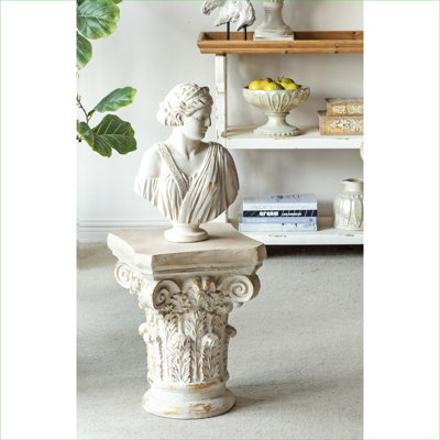 Socle d'entrée et de salon 14 pi x 14 po x 17,5 po, présentoir orné de volutes, blanc classique, avec accents dorés