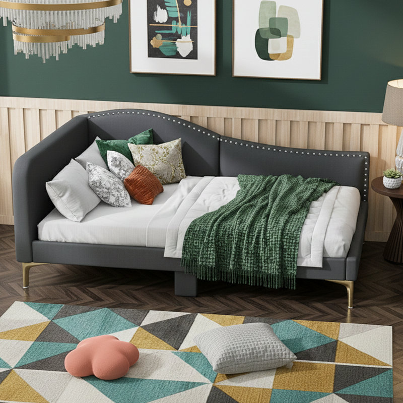 80.5" Daybed with Grey Linen Upholstery - Heavy Duty 550 lbs Capacity Wood Platform Bed Frame - Mid-Century Modern Sofa Bed