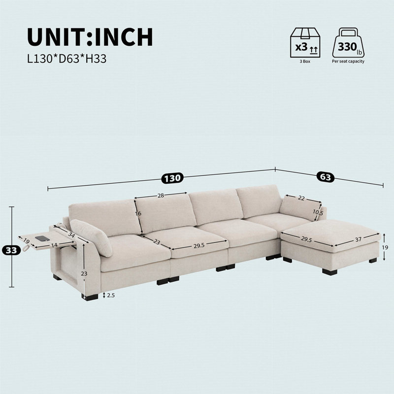 Canapé modulaire de 130 po en forme de L avec table pliante et port double, Chenille beige
