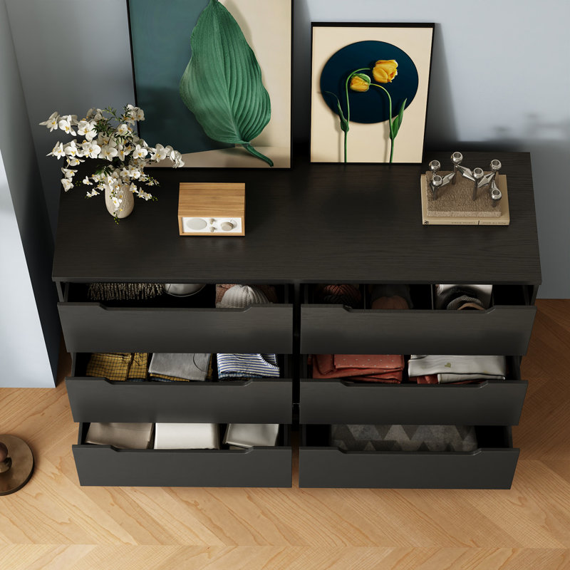 47.2" W 6 Drawer Dresser, Modern Solid Wood Double Dresser With Deep Drawers, Chest Of Drawers For Bedroom, Black
