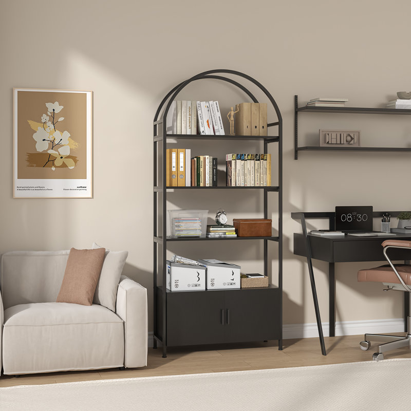 71" Arched Bookshelf with Doors,Industrial Bookcase with Sturdy Metal Frame, Vintage Display Shelving Unit, Black Geometric Book Shelf for Lving Room, Bedroom, Home Office