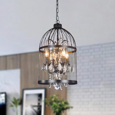 4-Light Dimmable Black Iron Birdcage Crystal Chandelier