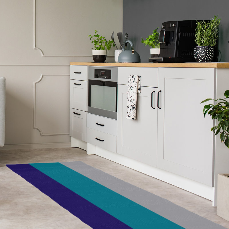 Tapis mauve foncé/bleu/vert/gris rayé, Tapis de couloir 2 pi 6 po x 8 pi