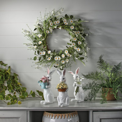 10.5-11.5" Resin Bunny With Floral Bouquet