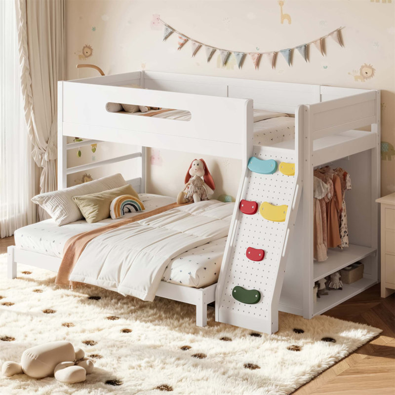 Lit simple superposé au-dessus de grand lit simple avec garde-robe intégrée, rangement et escalade enfantine, fabrication en bois massif (sans matelas)