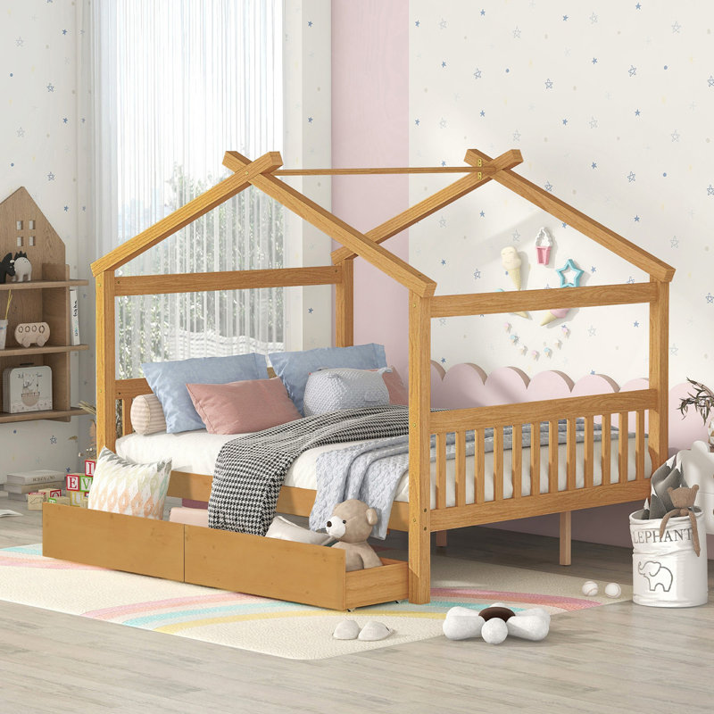 Lit en bois avec tiroirs, Naturel
