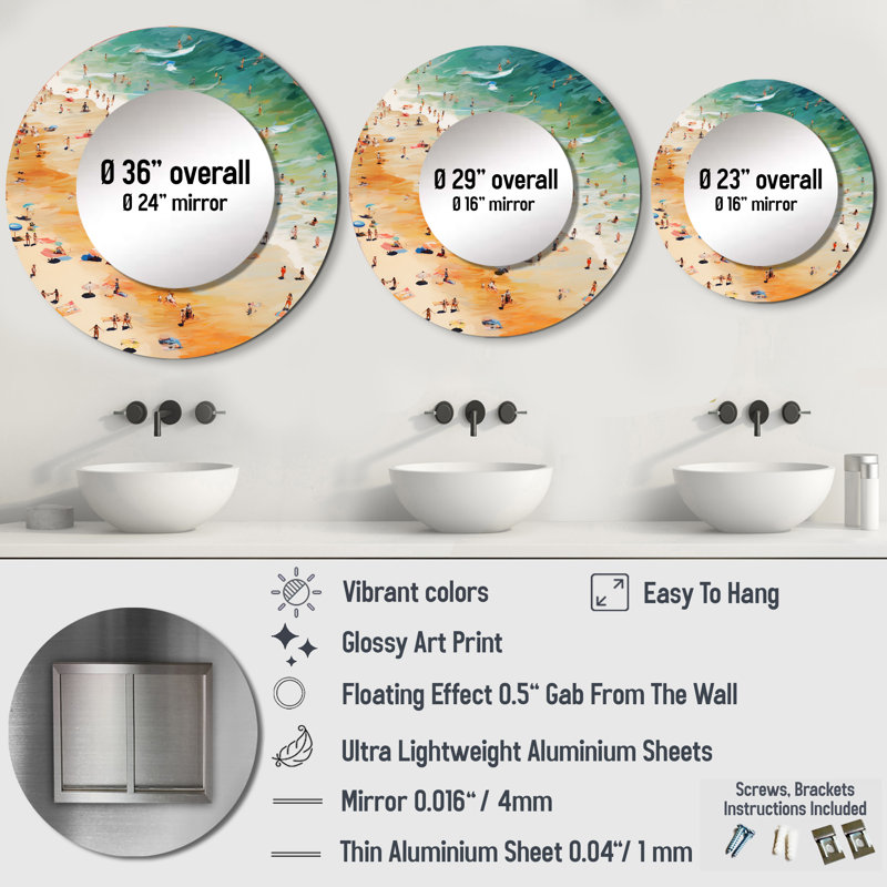 Sawvel Beach Umbrella Aerial View VI - Beach Sand Decorative Wall Mirror, Orange Large Round Mirror, Printed Metal Art