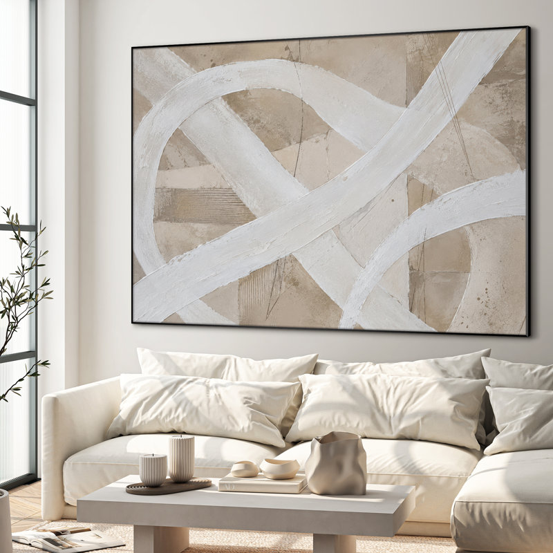 Très grand art mural imprimé sur tissu - Neutre beige, brun clair, lignes abstraites, décor minimaliste de salon - «Assemblage requis (cadre non fini)»