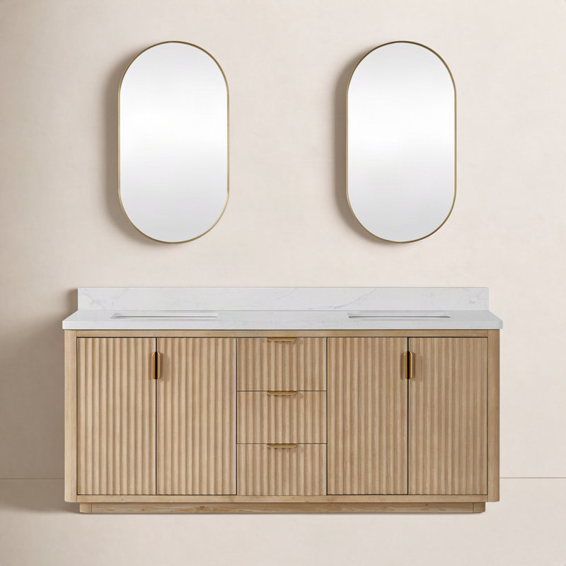 Ensemble de meuble-lavabo double 72 "avec miroir, Blanc, Brun, Doré