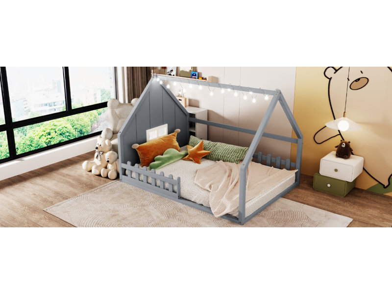 Lit double en bois avec fenêtre et clôture (ancien SKU: WF304147AAE), gris
