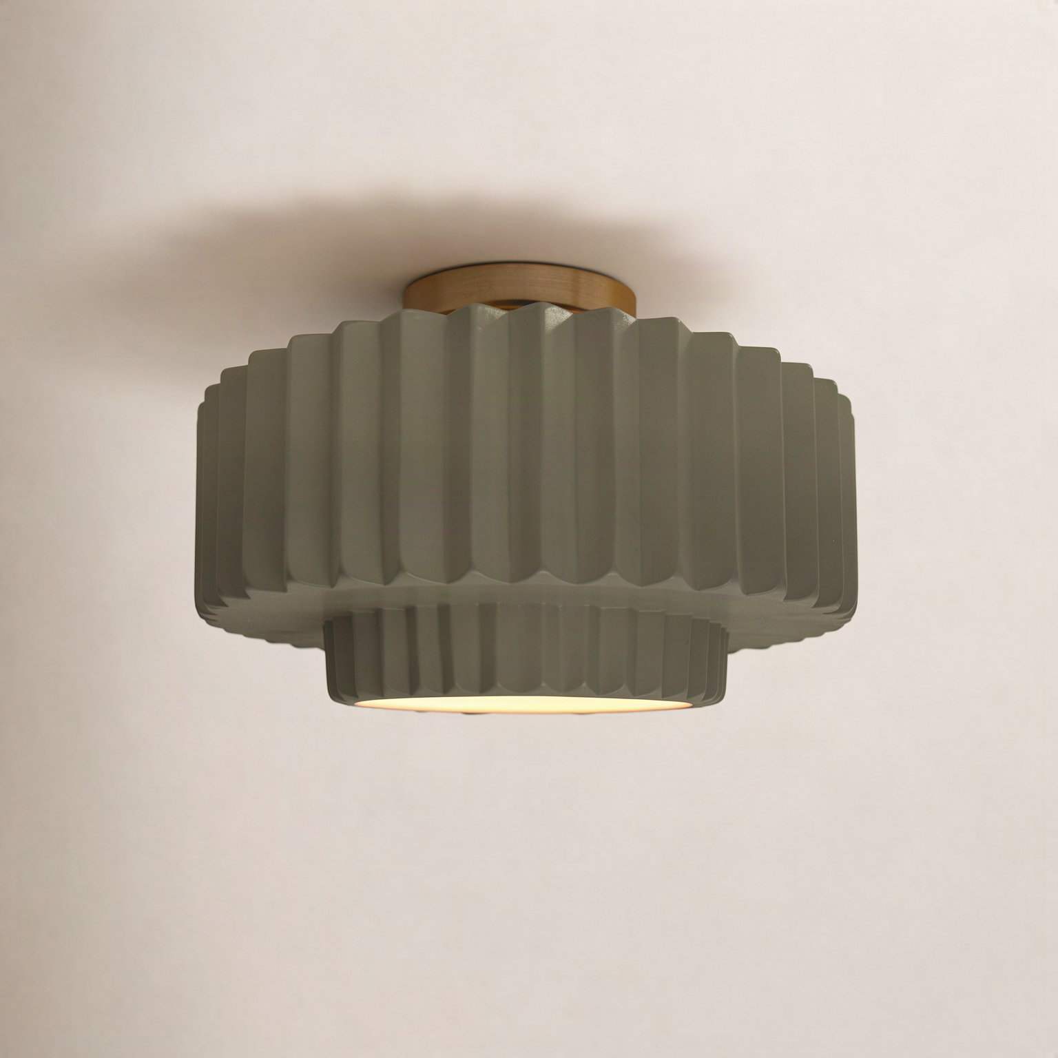 Single Light Ceramic LED Semi Flush Mount, Brushed Brass, 8" H x 16.5" W x 16.5" D, Matte Green
