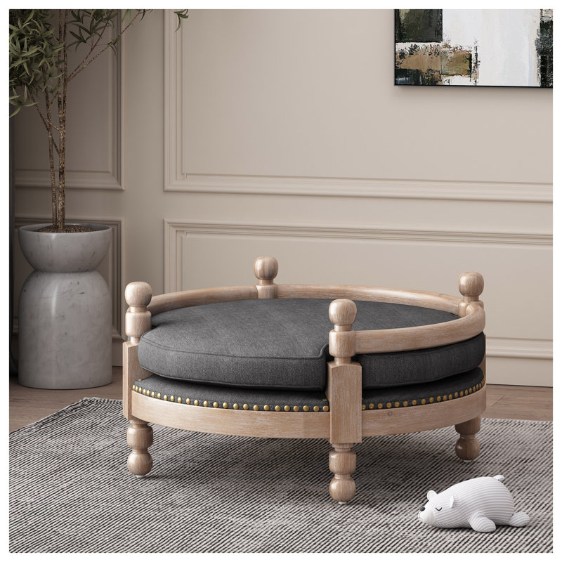 Élégant canapé-lit rond rembourré pour animaux de compagnie avec garniture cloutée - tissu gris anthracite, meubles pour chien de taille moyenne