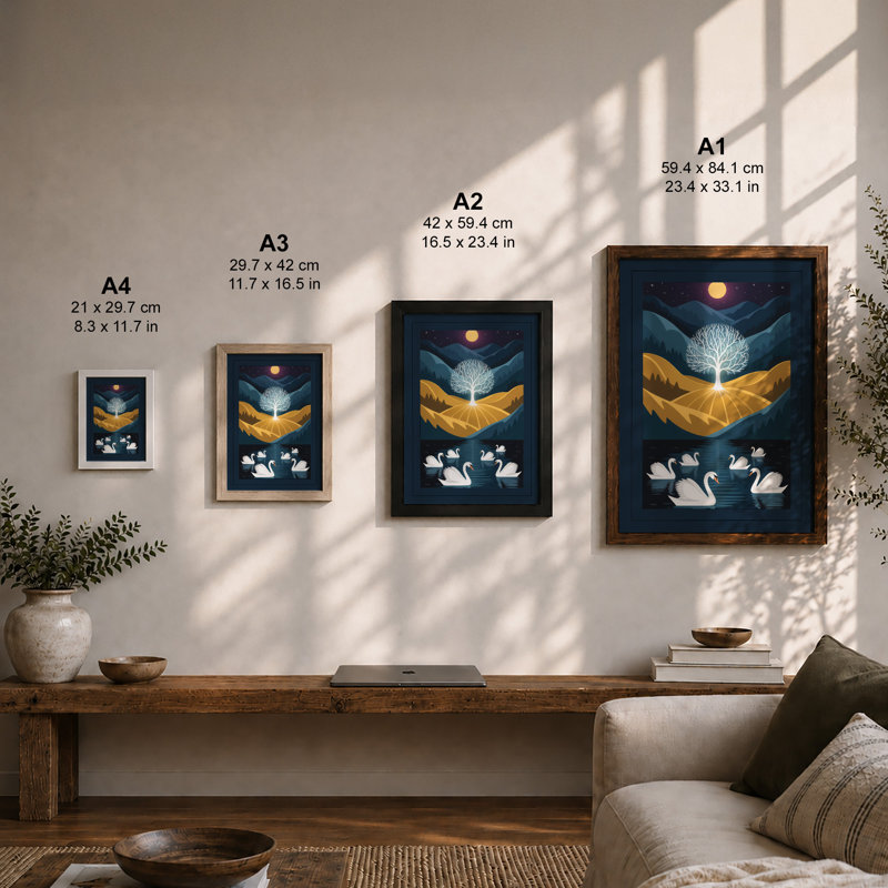 Moonlit Swans Modern - Print, Unframed, A4 - 29.7 x 21.0 cm