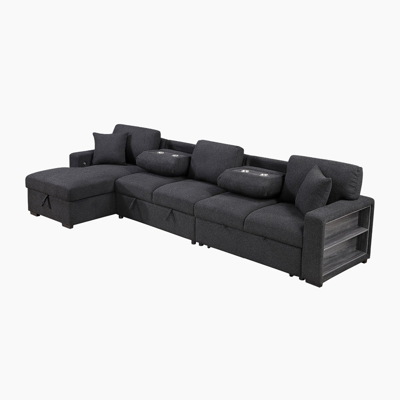 Canapé modulaire moderne et contemporain Meserve de 144,5 po avec canapé-lit, ports de chargement USB et double rangement caché