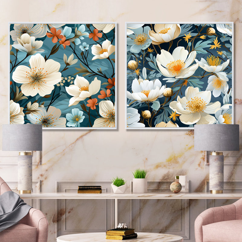 Montclaire - Ensemble de salon mural floral 2 pièces, Cadre blanc, H 16 po x l 33 po x P 1 po