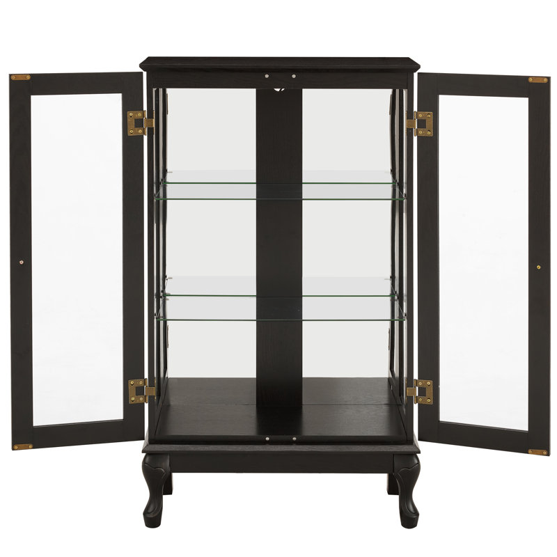 Black Display Cabinet With Tempered Glass, Lighted Feature, And Mirrored Back For Office Decor Elegant Curio Interior, Vintage Charm, Metal Handle Wines