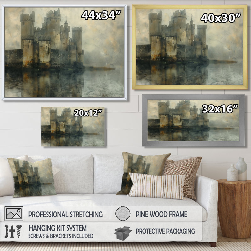 Impression d'art mural gris et beige, château d'hiver médiéval, H 30 po x l 40 po x P 1,5 po, Toile avec cadre flottant or
